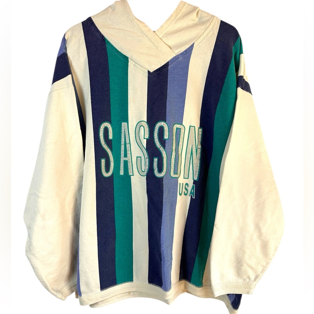 Vintage Sasson USA Vertical Striped Pullover Hoodie Sweatshirt
